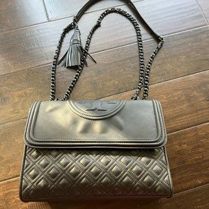 Tory Burch Fleming Matte Black Convertible Shoulder Bag Purse Crossbody Large